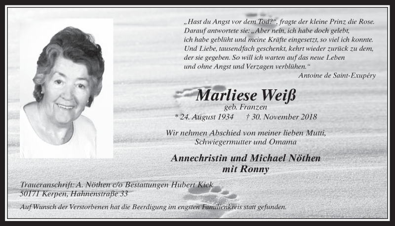  Traueranzeige für Marliese Weiß vom 12.12.2018 aus  Werbepost 