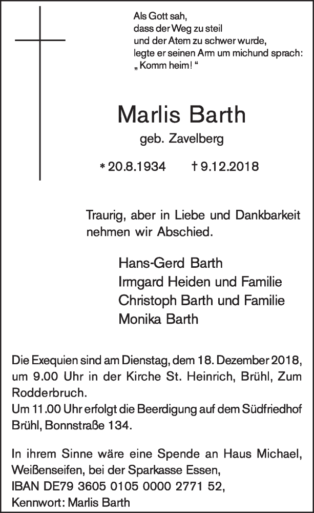  Traueranzeige für Marlis Barth vom 12.12.2018 aus  Schlossbote/Werbekurier 
