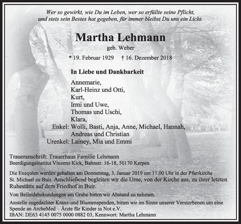  Traueranzeige für Martha Lehmann vom 29.12.2018 aus  Sonntags-Post 