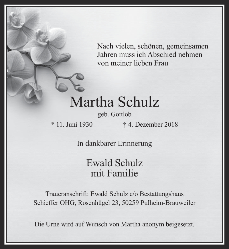  Traueranzeige für Martha Schulz vom 12.12.2018 aus  Werbepost 