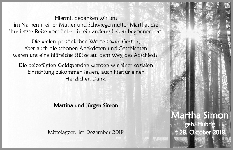  Traueranzeige für Martha Simon vom 12.12.2018 aus  Anzeigen Echo 