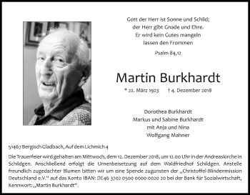 Anzeige von Martin Burkhardt von Kölner Stadt-Anzeiger / Kölnische Rundschau / Express