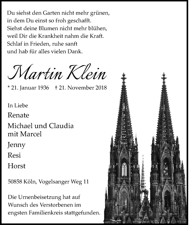  Traueranzeige für Martin Klein vom 08.12.2018 aus Kölner Stadt-Anzeiger / Kölnische Rundschau / Express