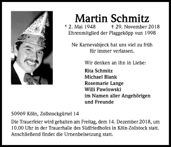 Anzeige von Martin Schmitz von Kölner Stadt-Anzeiger / Kölnische Rundschau / Express
