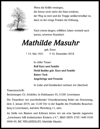 Anzeige von Mathilde Masur von Kölner Stadt-Anzeiger / Kölnische Rundschau / Express