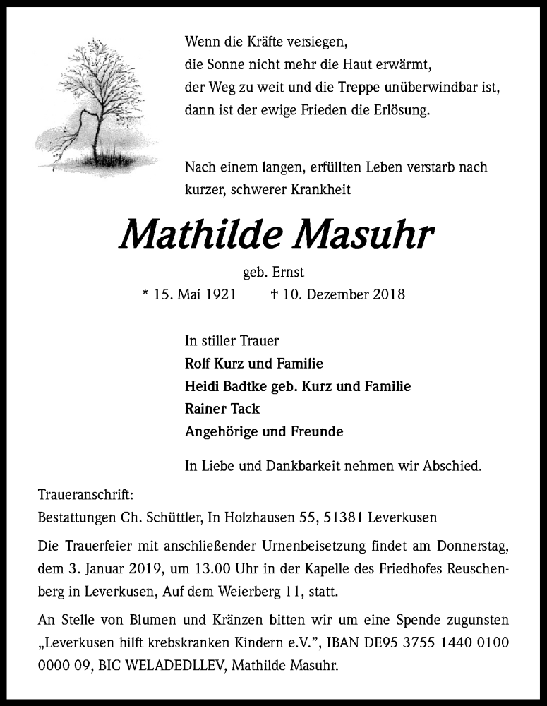  Traueranzeige für Mathilde Masur vom 22.12.2018 aus Kölner Stadt-Anzeiger / Kölnische Rundschau / Express