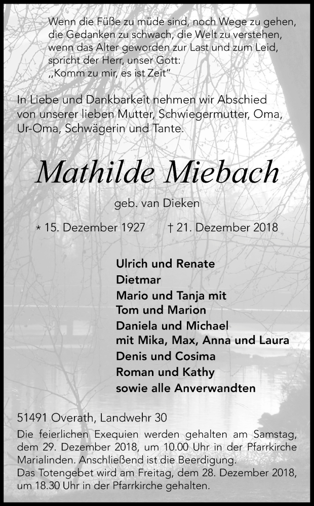 Traueranzeige für Mathilde Miebach vom 28.12.2018 aus Kölner Stadt-Anzeiger / Kölnische Rundschau / Express