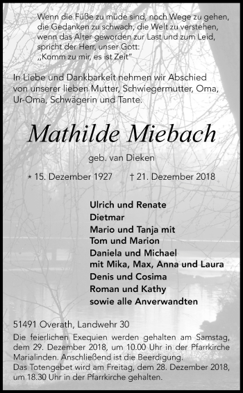 Anzeige von Mathilde Miebach von Kölner Stadt-Anzeiger / Kölnische Rundschau / Express