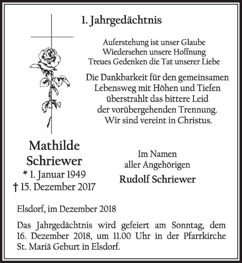  Traueranzeige für Mathilde Schriewer vom 08.12.2018 aus  Sonntags-Post 