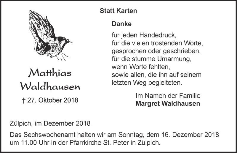  Traueranzeige für Matthias Waldhausen vom 08.12.2018 aus  Blickpunkt Euskirchen 