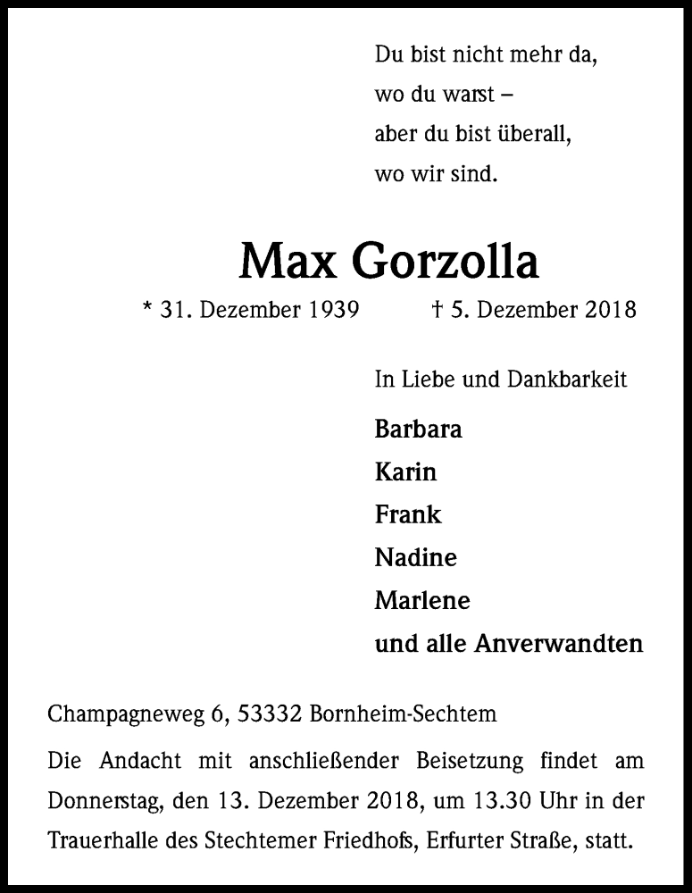  Traueranzeige für Max Gorzolla vom 11.12.2018 aus Kölner Stadt-Anzeiger / Kölnische Rundschau / Express