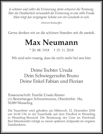 Anzeige von Max Neumann von  Schlossbote/Werbekurier 
