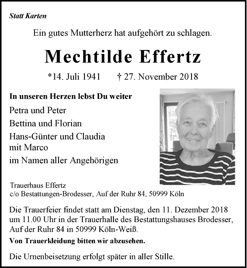  Traueranzeige für Mechtilde Effertz vom 05.12.2018 aus  Kölner Wochenspiegel 