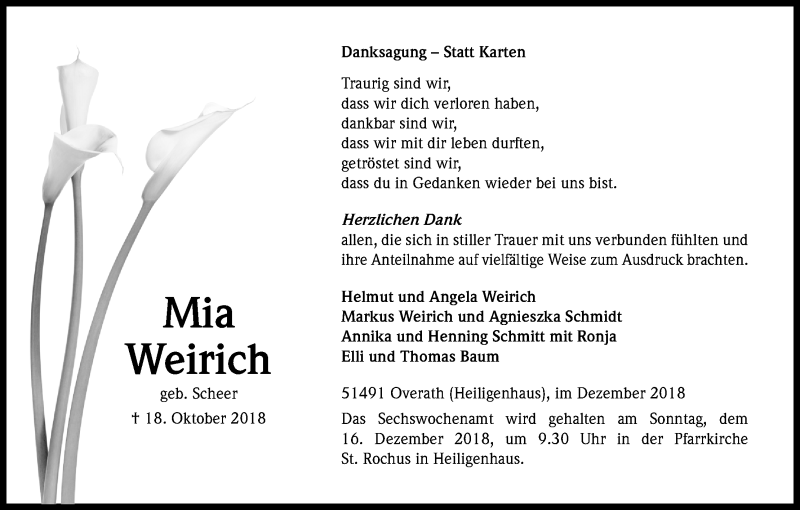  Traueranzeige für Mia Weirich vom 08.12.2018 aus Kölner Stadt-Anzeiger / Kölnische Rundschau / Express