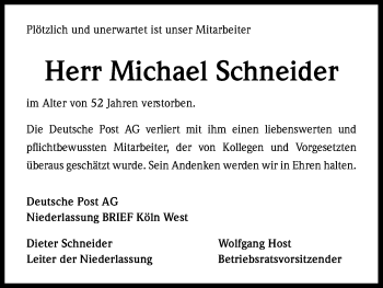 Anzeige von Michael Schneider von Kölner Stadt-Anzeiger / Kölnische Rundschau / Express