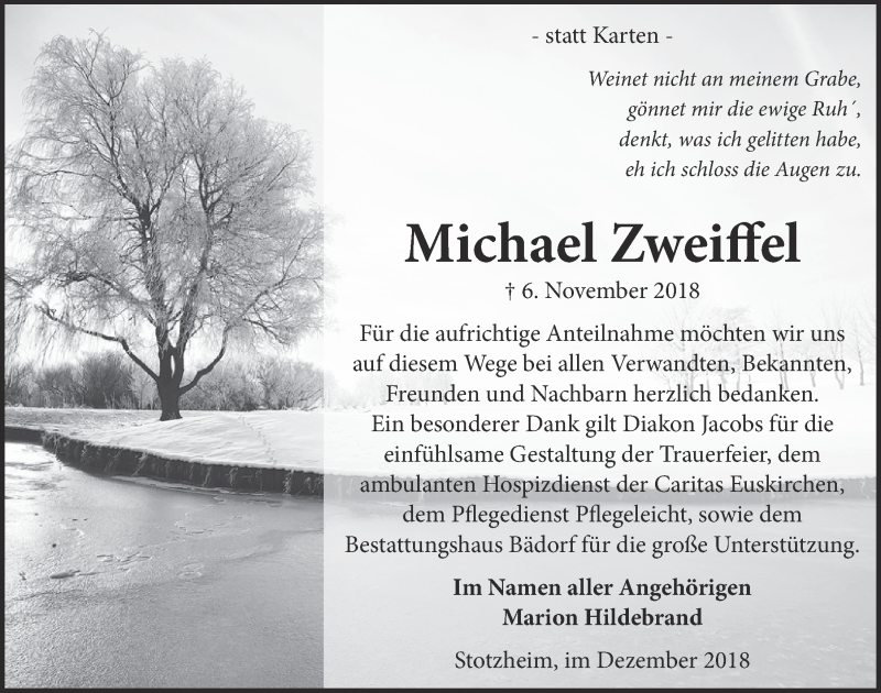  Traueranzeige für Michael Zweifel vom 08.12.2018 aus  Blickpunkt Euskirchen 
