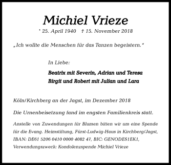Anzeige von Michiel Vrieze von Kölner Stadt-Anzeiger / Kölnische Rundschau / Express