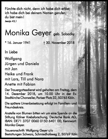 Anzeige von Monika Geyer von Kölner Stadt-Anzeiger / Kölnische Rundschau / Express