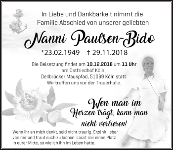 Anzeige von Nanni Paulsen-Bido von  Rhein-Sieg-Wochenende 