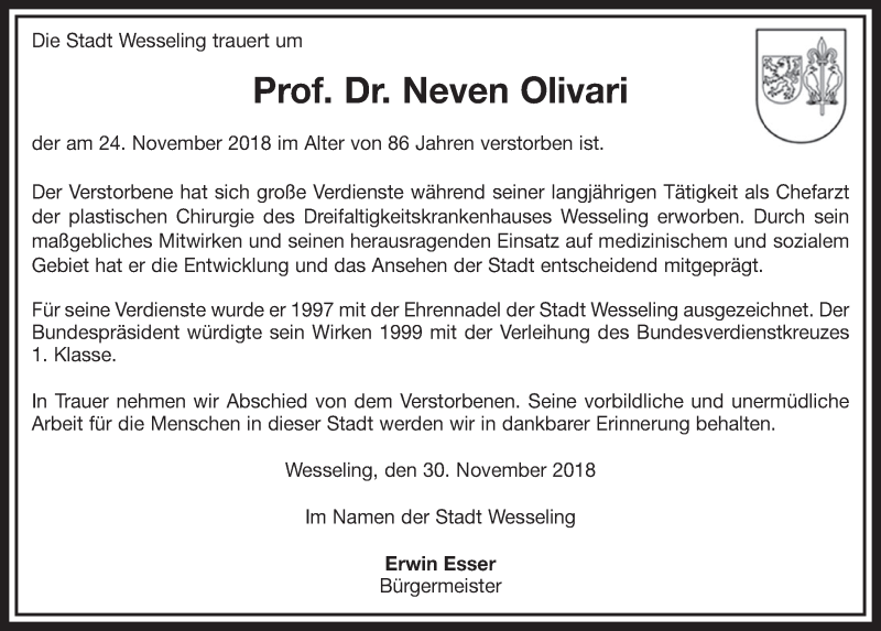  Traueranzeige für Neven Olivari vom 05.12.2018 aus  Schlossbote/Werbekurier 