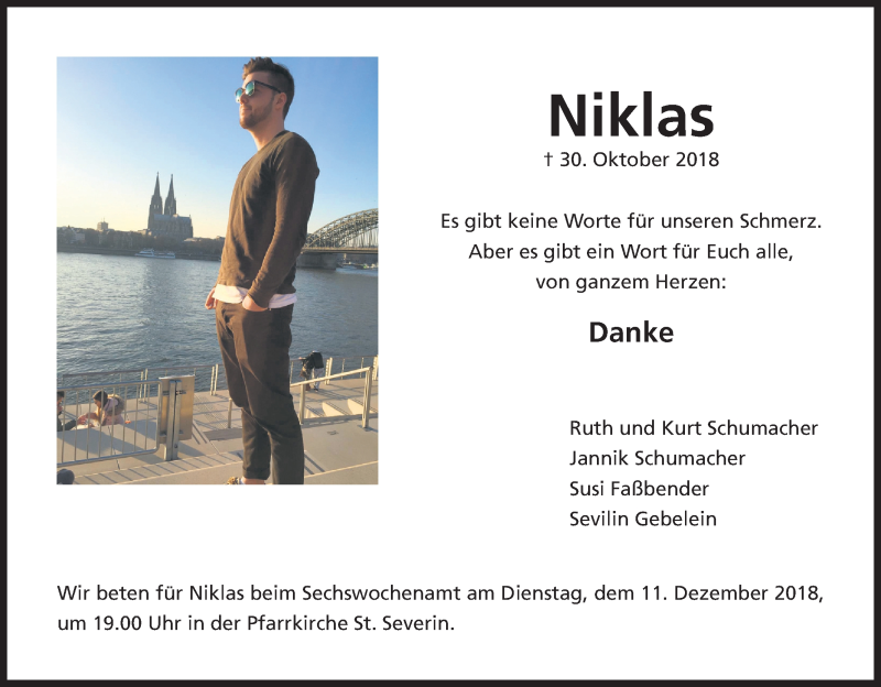  Traueranzeige für Niklas  vom 08.12.2018 aus Kölner Stadt-Anzeiger / Kölnische Rundschau / Express
