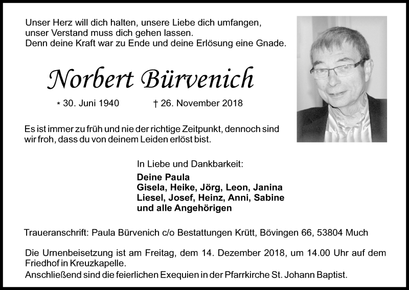  Traueranzeige für Norbert Bürvenich vom 07.12.2018 aus Kölner Stadt-Anzeiger / Kölnische Rundschau / Express
