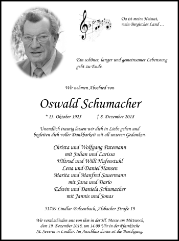 Anzeige von Oswald Schumacher von Kölner Stadt-Anzeiger / Kölnische Rundschau / Express
