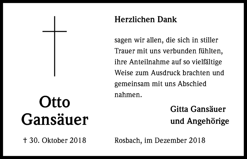  Traueranzeige für Otto Gansäuer vom 15.12.2018 aus Kölner Stadt-Anzeiger / Kölnische Rundschau / Express