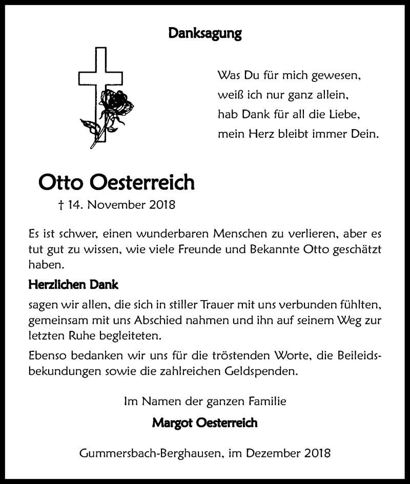 Traueranzeige für Otto Oesterreich vom 29.12.2018 aus Kölner Stadt-Anzeiger / Kölnische Rundschau / Express