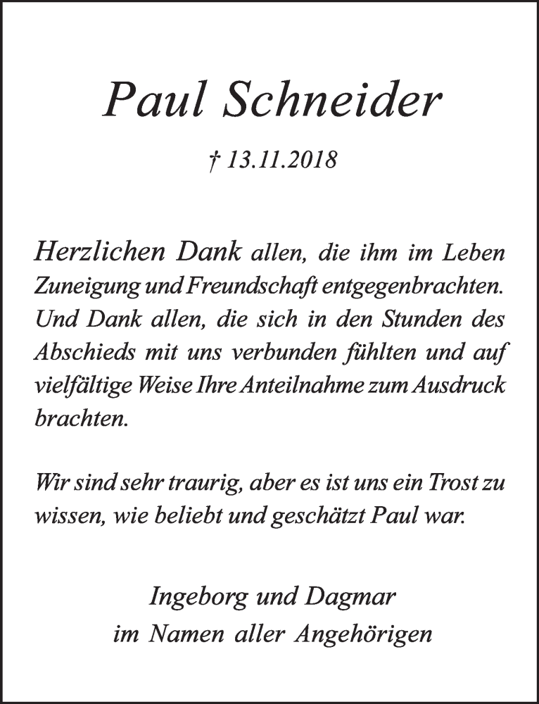  Traueranzeige für Paul Schneider vom 19.12.2018 aus  Schlossbote/Werbekurier 