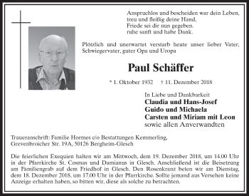 Anzeige von Paul Schäffer von  Sonntags-Post 