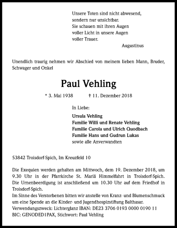 Anzeige von Paul Vehling von Kölner Stadt-Anzeiger / Kölnische Rundschau / Express