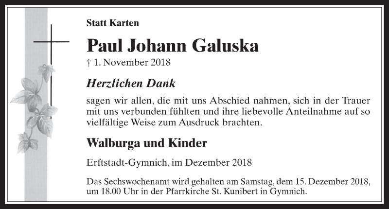  Traueranzeige für Paul Johann Galuska vom 12.12.2018 aus  Werbepost 