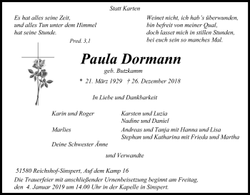Anzeige von Paula Dormann von Kölner Stadt-Anzeiger / Kölnische Rundschau / Express