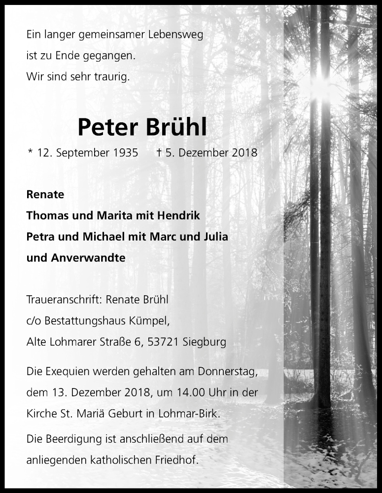  Traueranzeige für Peter Brühl vom 08.12.2018 aus Kölner Stadt-Anzeiger / Kölnische Rundschau / Express