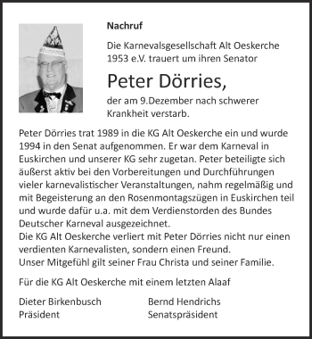 Anzeige von Peter Dörries von  Blickpunkt Euskirchen 