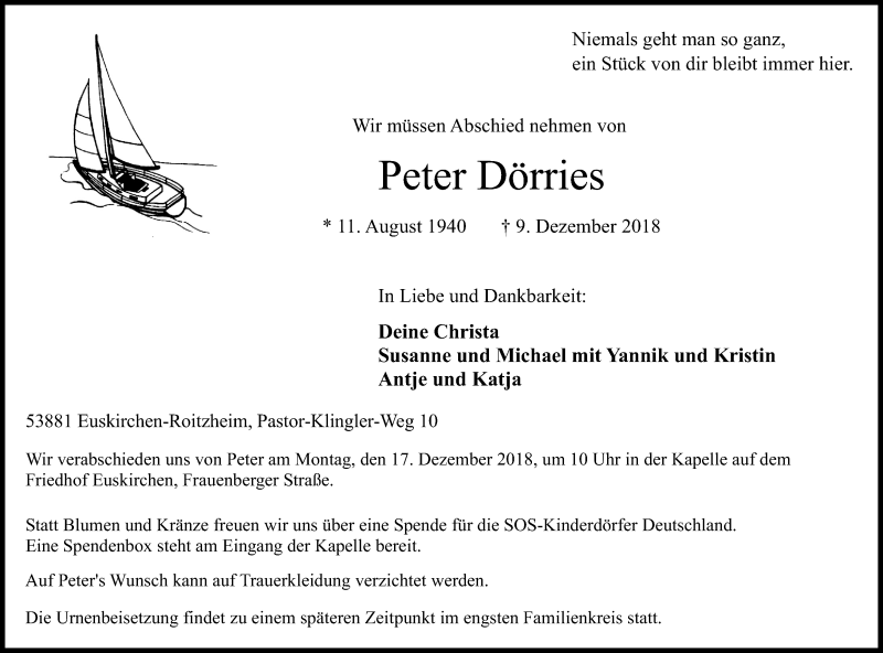  Traueranzeige für Peter Dörries vom 14.12.2018 aus Kölner Stadt-Anzeiger / Kölnische Rundschau / Express