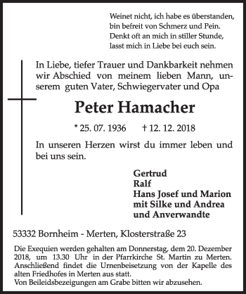 Anzeige von Peter Hamacher von  Schlossbote/Werbekurier 