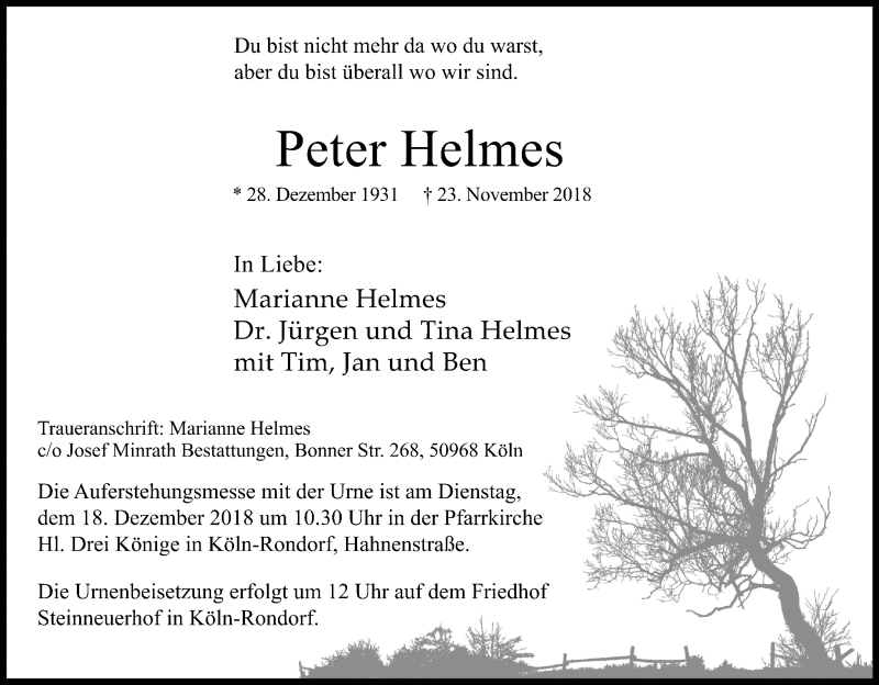  Traueranzeige für Peter Helmes vom 08.12.2018 aus Kölner Stadt-Anzeiger / Kölnische Rundschau / Express