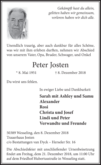 Anzeige von Peter Josten von  Schlossbote/Werbekurier 