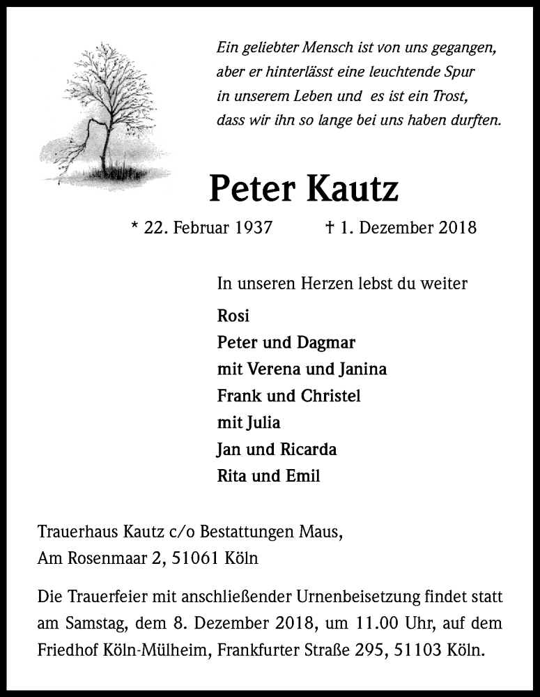  Traueranzeige für Peter Kautz vom 05.12.2018 aus Kölner Stadt-Anzeiger / Kölnische Rundschau / Express