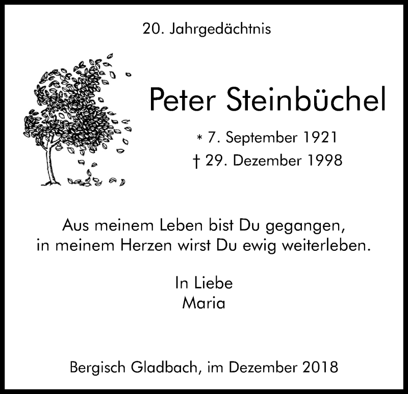  Traueranzeige für Peter Steinbüchel vom 29.12.2018 aus Kölner Stadt-Anzeiger / Kölnische Rundschau / Express