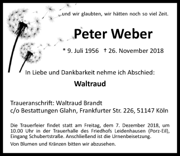 Anzeige von Peter Weber von  Kölner Wochenspiegel  Extra Blatt 