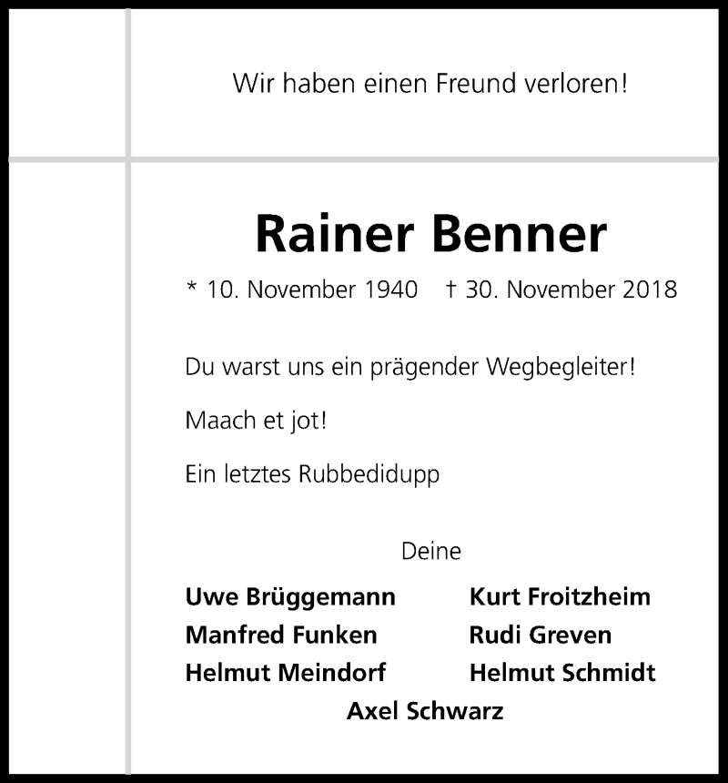  Traueranzeige für Rainer Benner vom 15.12.2018 aus Kölner Stadt-Anzeiger / Kölnische Rundschau / Express