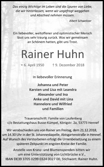 Anzeige von Rainer Huhn von Kölner Stadt-Anzeiger / Kölnische Rundschau / Express