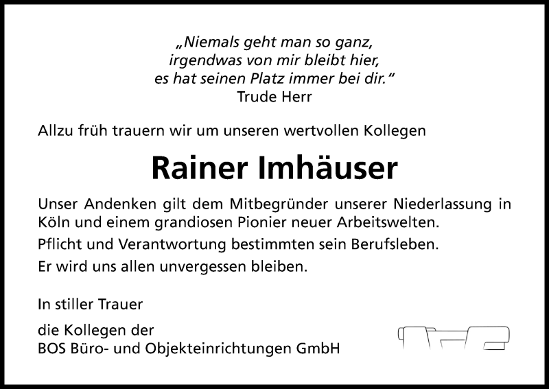  Traueranzeige für Rainer Imhäuser vom 05.12.2018 aus Kölner Stadt-Anzeiger / Kölnische Rundschau / Express