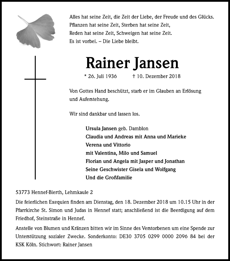  Traueranzeige für Rainer Jansen vom 14.12.2018 aus Kölner Stadt-Anzeiger / Kölnische Rundschau / Express