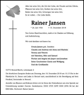 Anzeige von Rainer Jansen von Kölner Stadt-Anzeiger / Kölnische Rundschau / Express