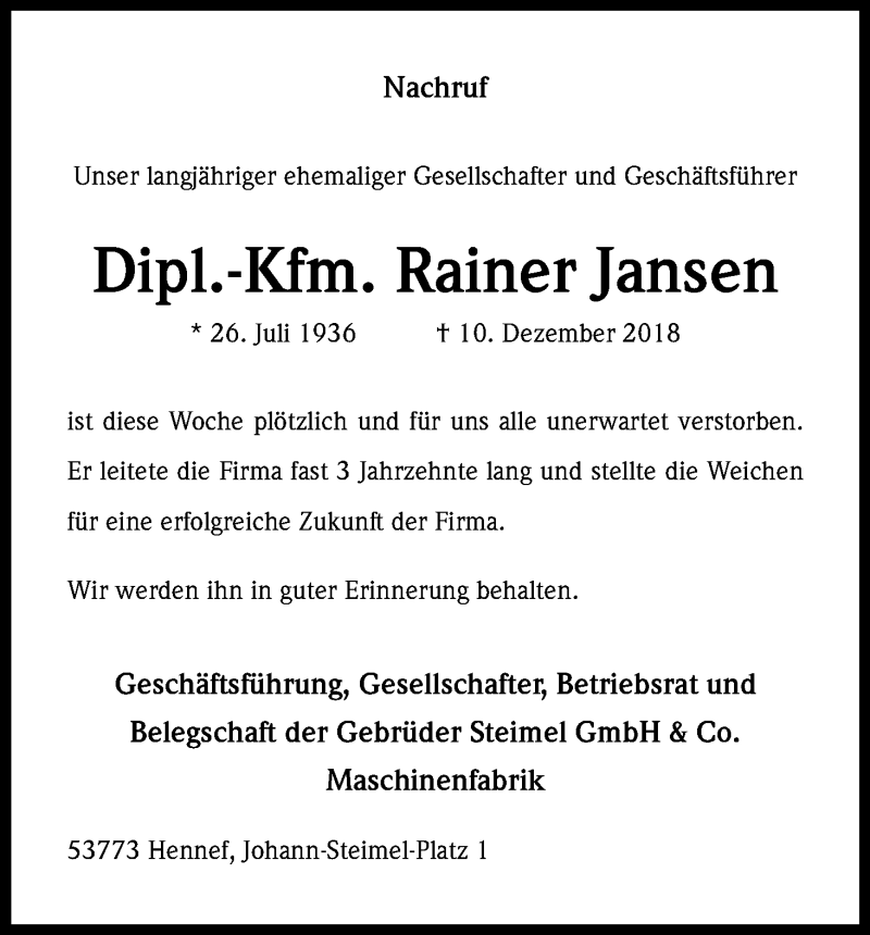  Traueranzeige für Rainer Jansen vom 14.12.2018 aus Kölner Stadt-Anzeiger / Kölnische Rundschau / Express