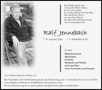 Anzeige von Ralf Jennebach von Kölner Stadt-Anzeiger / Kölnische Rundschau / Express